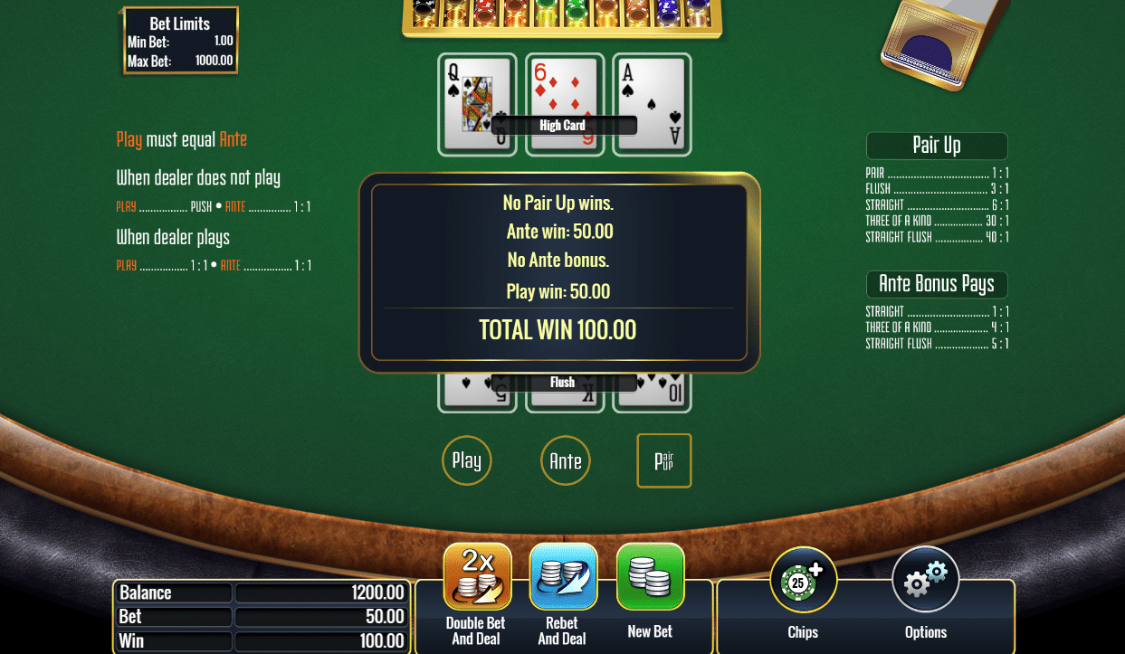 3 card stud win at Hard Rock Bet Online Casino
