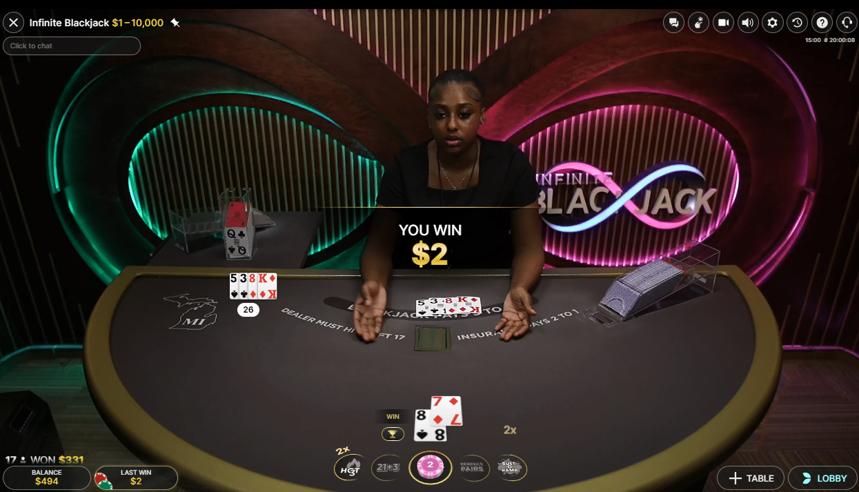 A $2 win in Live Dealer Infinite Blackjack