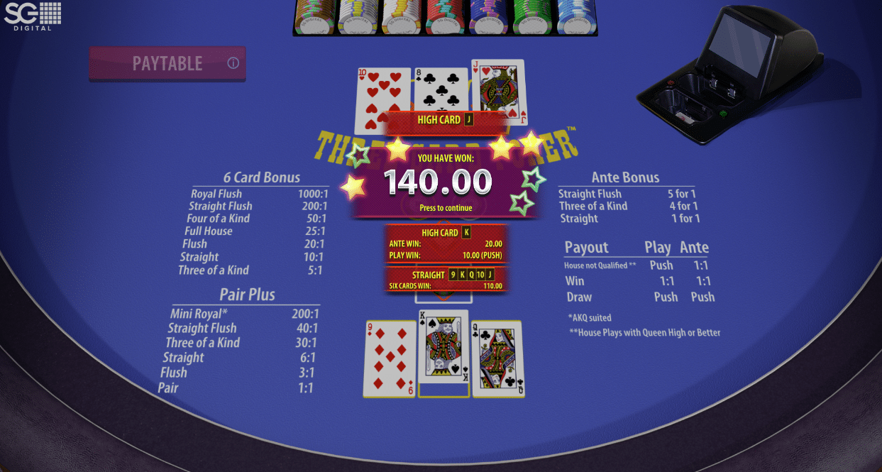Three Card Poker - 6 Card Bonus win