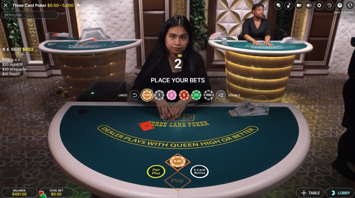 Three Card Poker Live Dealer - Place your bets