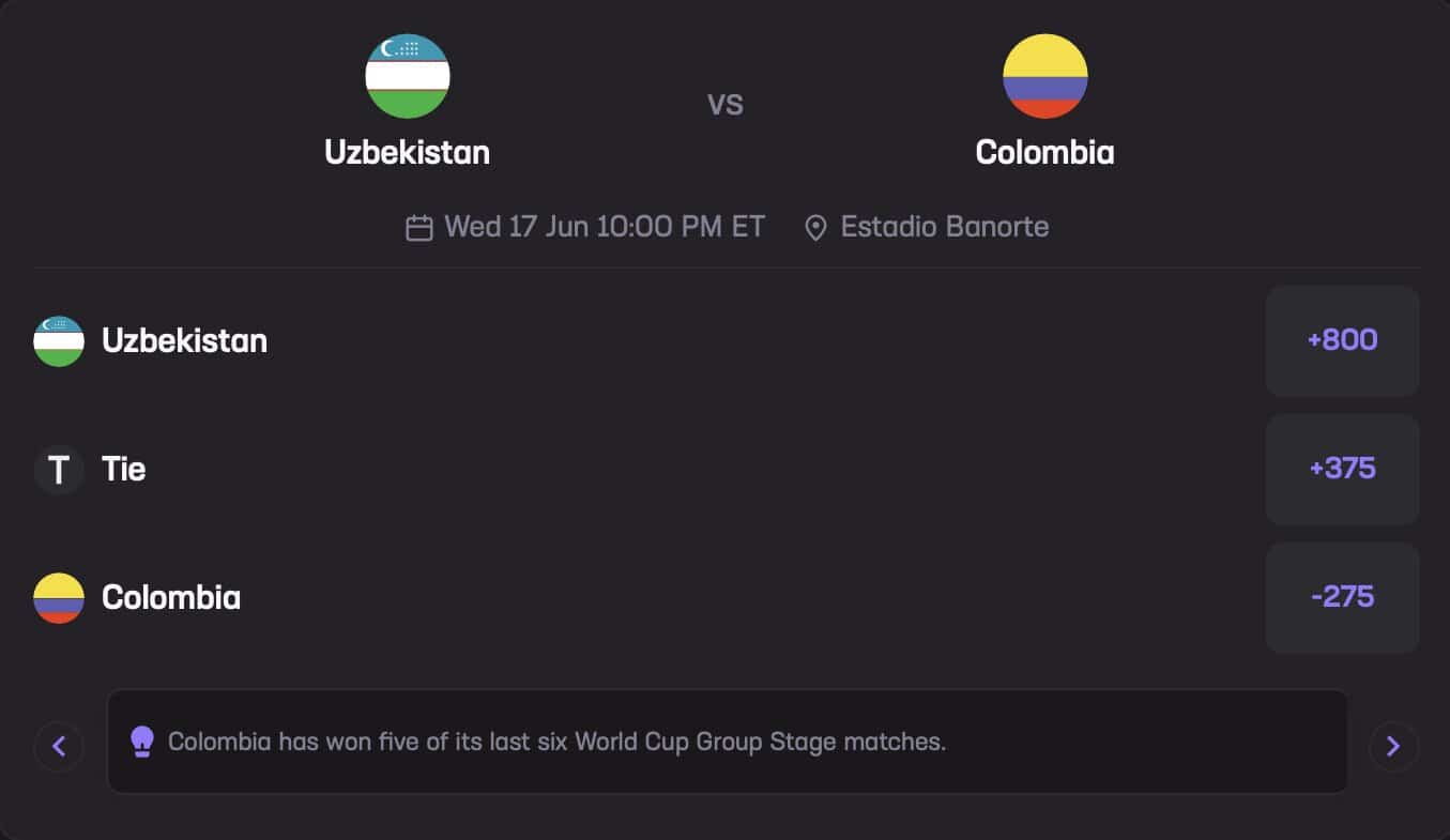 Colombia June 17 Stats Hub Moneyline