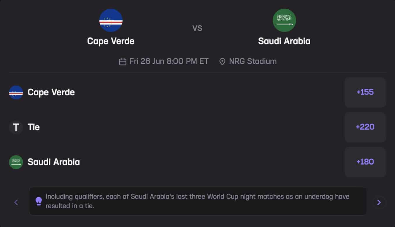 Cape Verde vs. Saudi Arabia June 26 Stats Hub 3-Way Moneyline