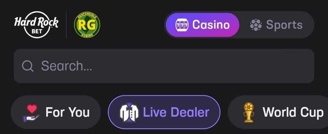 Hard Rock Bet app - Live Dealer navigation