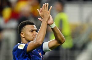 France's Kylian Mbappe looks dejected after the match as France are eliminated from the World Cup.